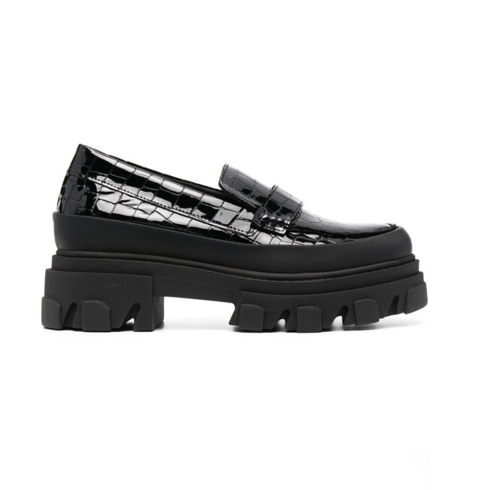 Ganni Black Croc Patent Platform Loafers